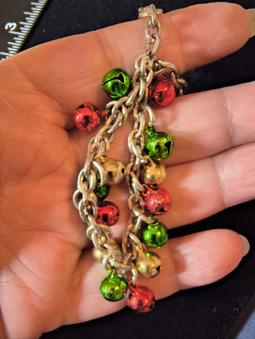 Vintage Christmas Charm Bracelet Santa Snowman Tree Jingle Bells Red Green